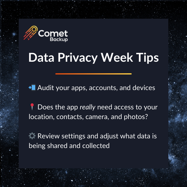 Comet Backup - Data Privacy Week Tips - on space backgroud