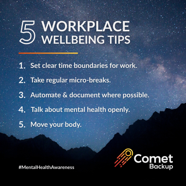 Comet Backup 5 Tips for Workplace Wellbeing on starry background