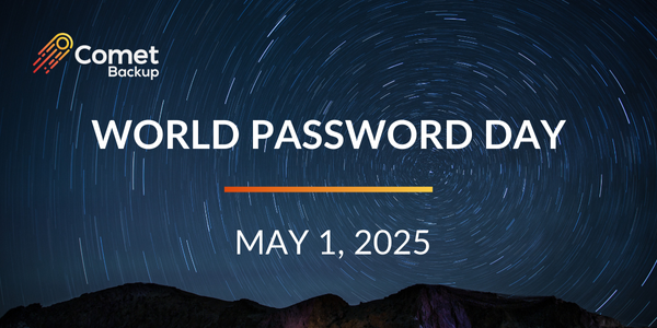 Comet Backup World Password Day - May 1,2025 on space background with mountain silhouette